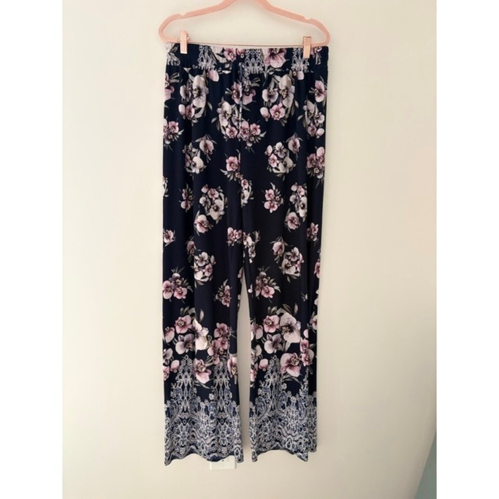Amana Womens Navy Blue Floral Paisley Wide Leg Palazzo Pants Elastic Waist XL